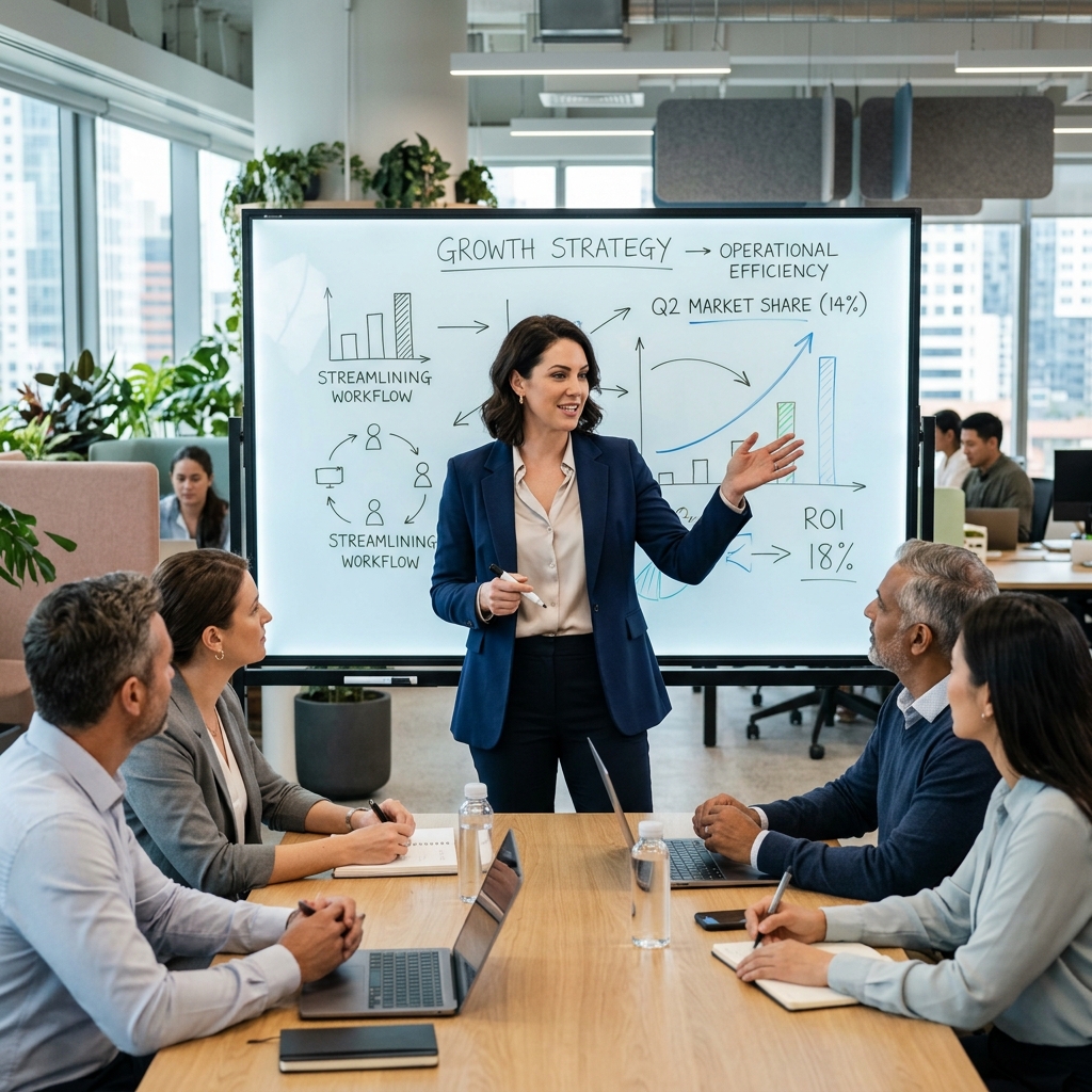 Consultora presentando estrategia a empresarios